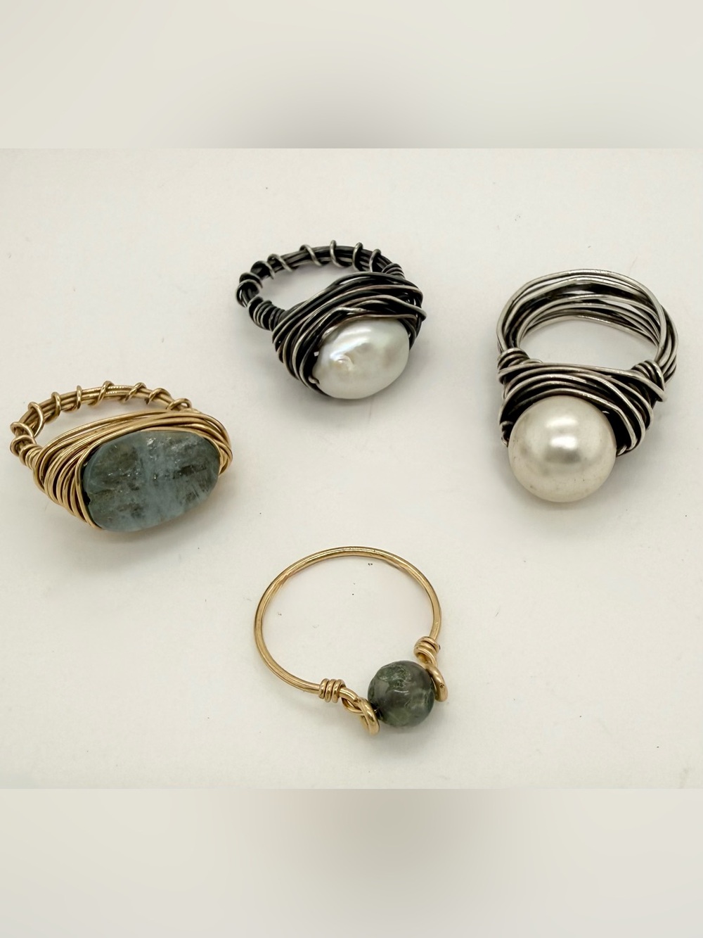 Sterling Silver & Gold Filled Wire Ring lot Pearl Jade